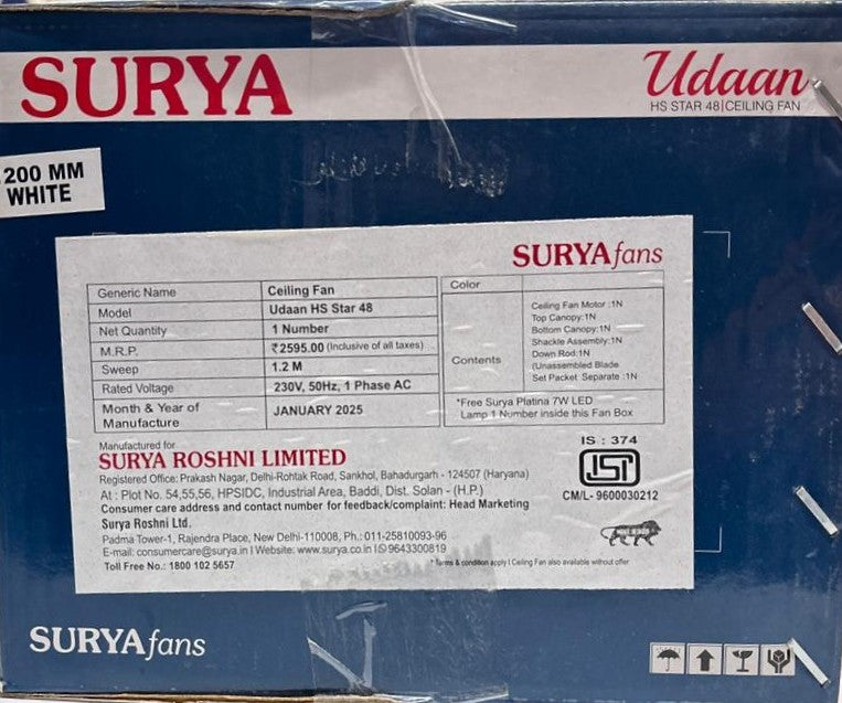 Surya Udaan Hs Star with 2 Year warranty 1200 mm Celling fan + Surya 7W LED Bulb free