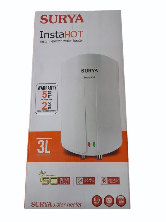SURYA INSTA HOT 3 L Instant Water Geyser  (White) + Free 9 Watt LED Bulb
